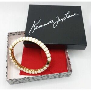 Kenneth Jay Lane Vintage Gold w White Enameling, Hinged Bracelet IOB 2006